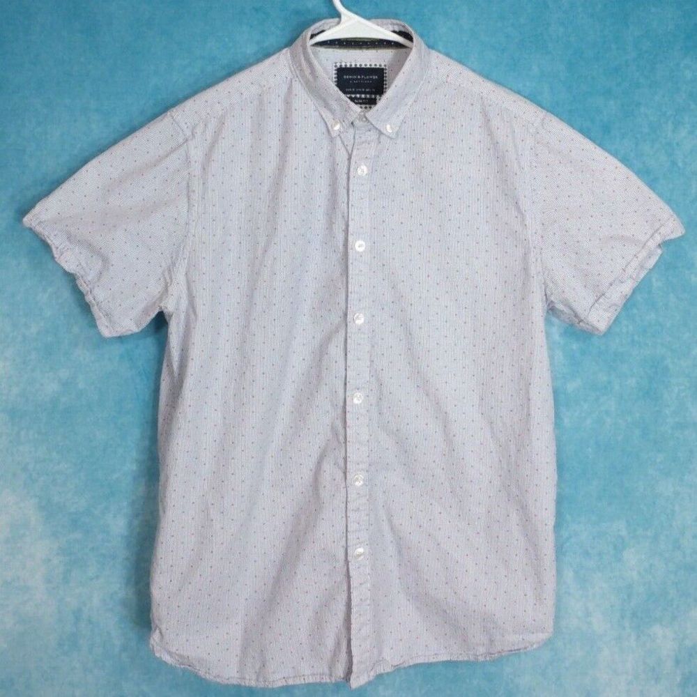 Denim & Flower Slim Fit Button Down Men's Shirt, Short Sleeve, Blue, Size Medium
